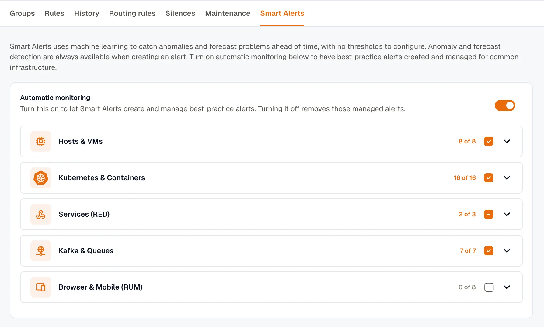 The Smart Alerts settings page: the Automatic monitoring toggle and the detector packs