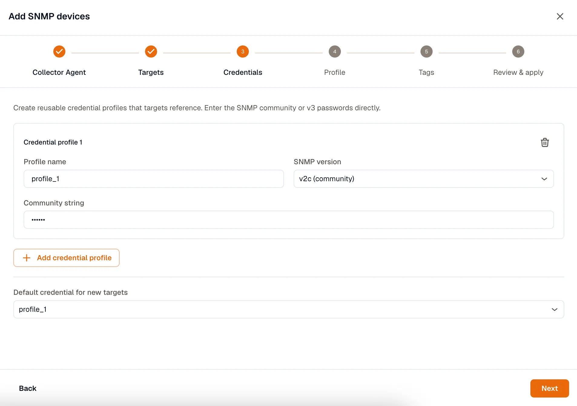 The Credentials step with a credential profile: profile name, SNMP version, and community string fields, plus a default-credential selector
