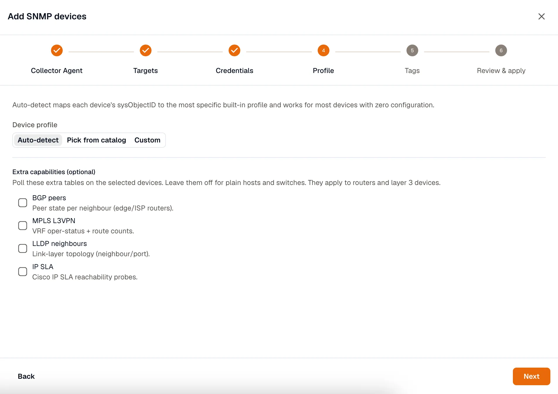 The Profile step with the Auto-detect, Pick from catalog, and Custom options, and the optional Extra capabilities checkboxes for BGP peers, MPLS L3VPN, LLDP neighbours, and IP SLA