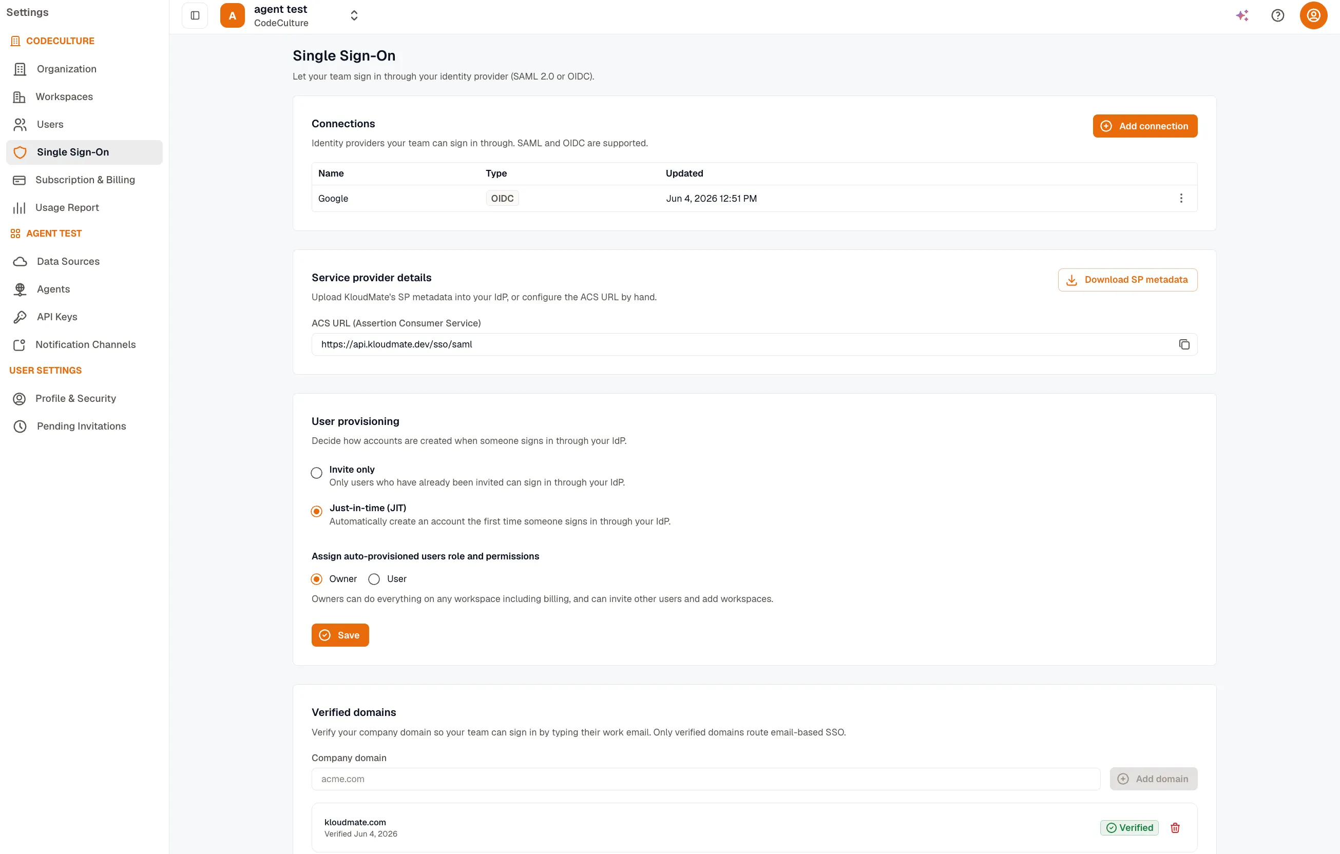 KloudMate Single Sign-On settings page