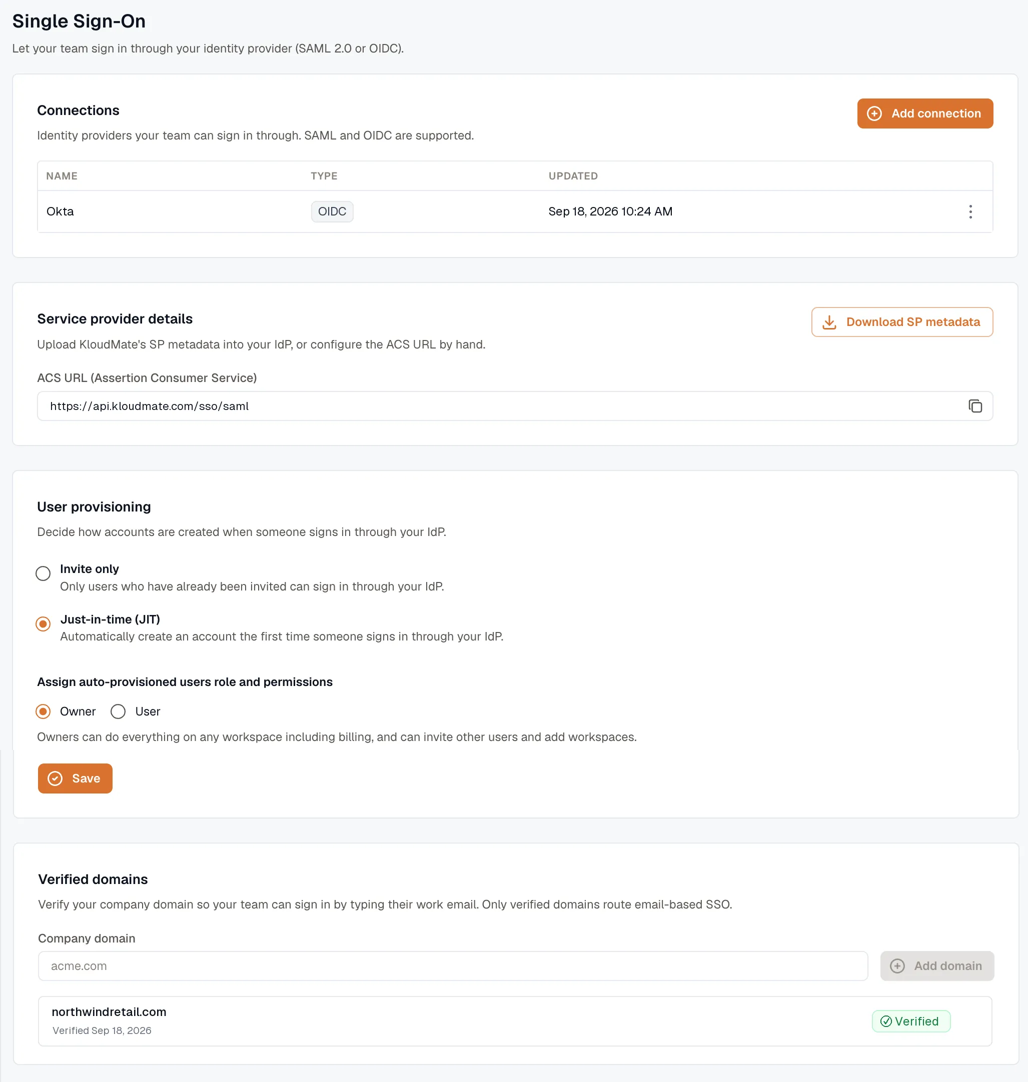 KloudMate Single Sign-On settings page