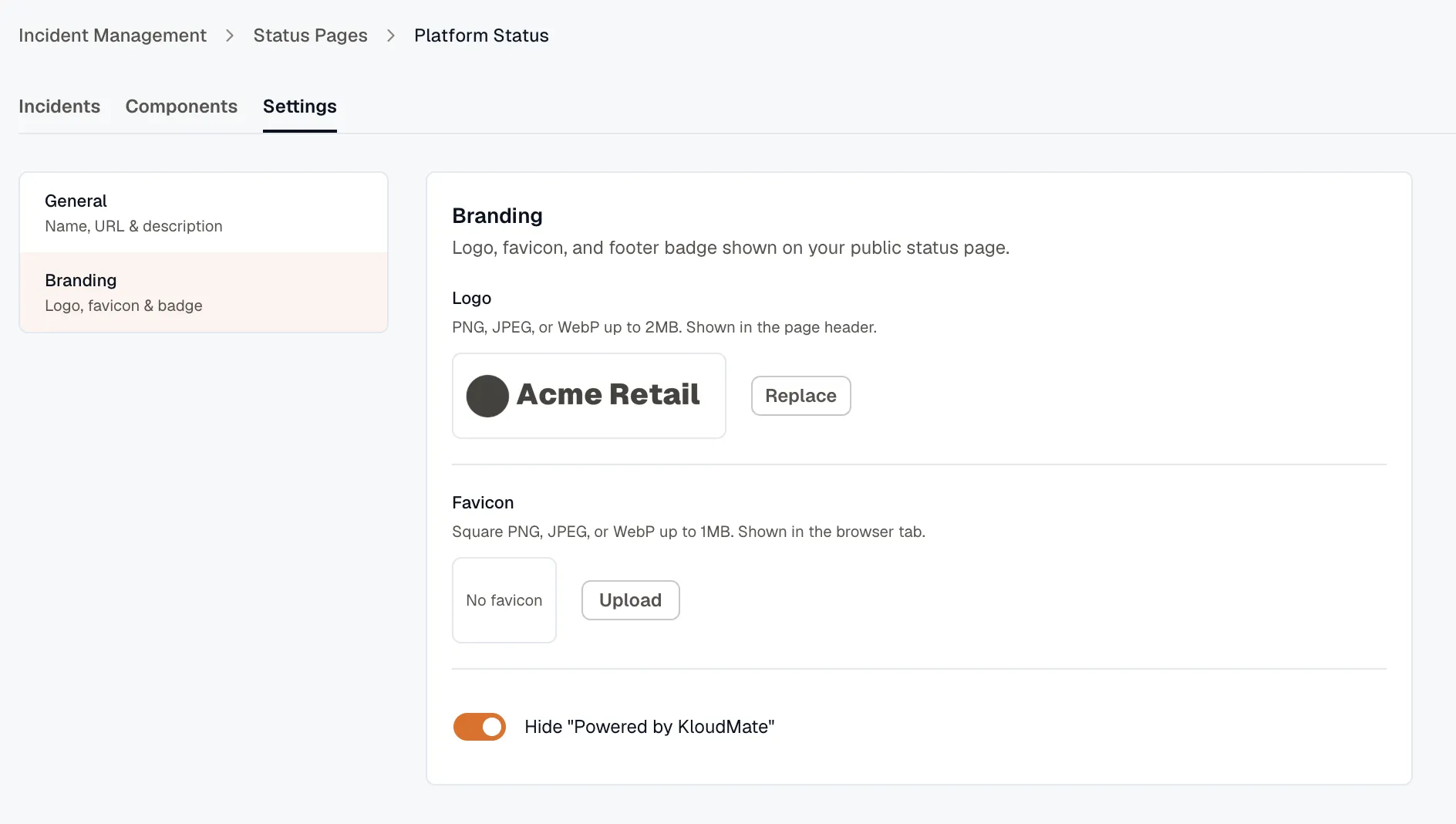 Status page branding settings