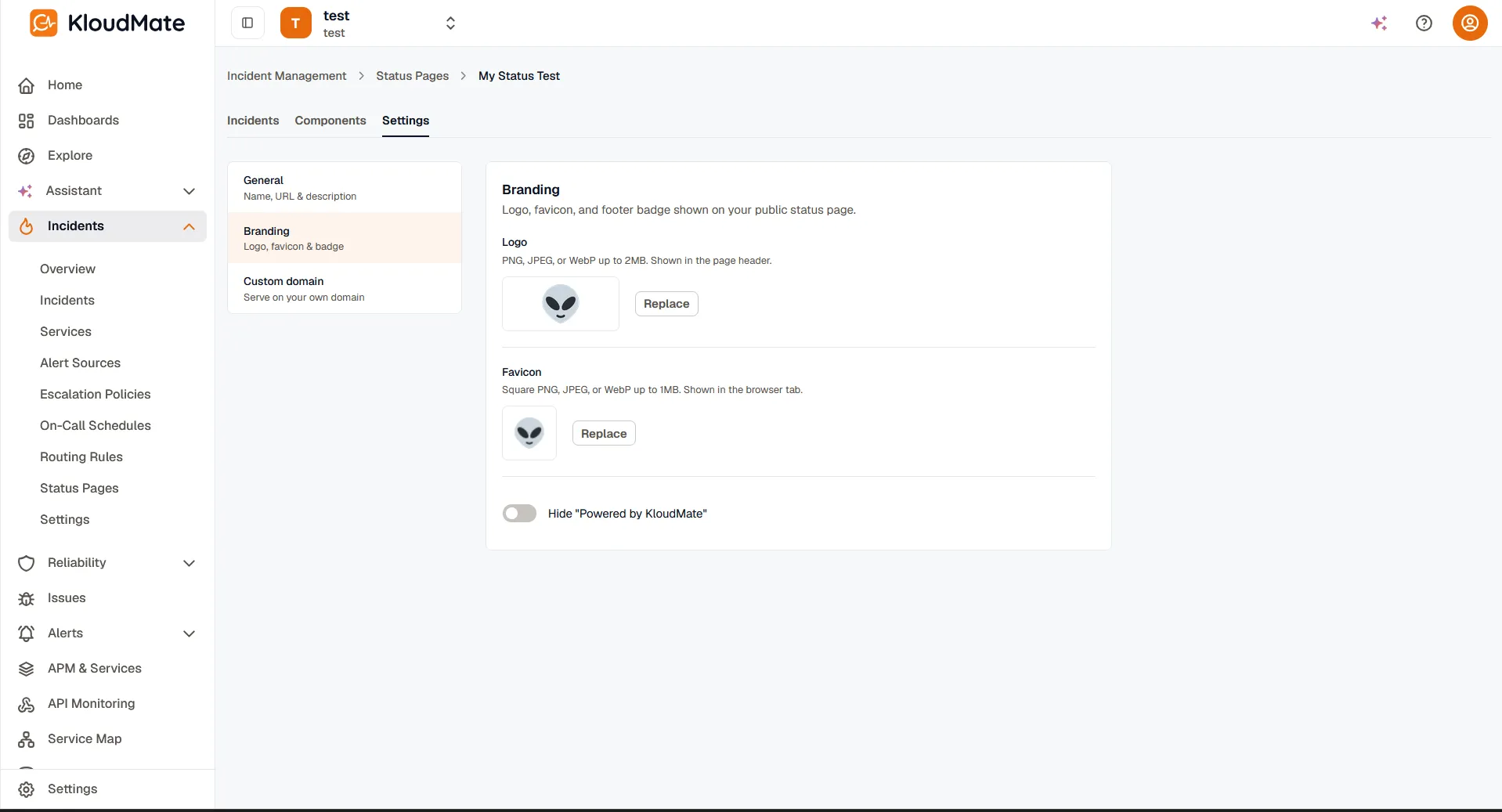 Status page branding settings