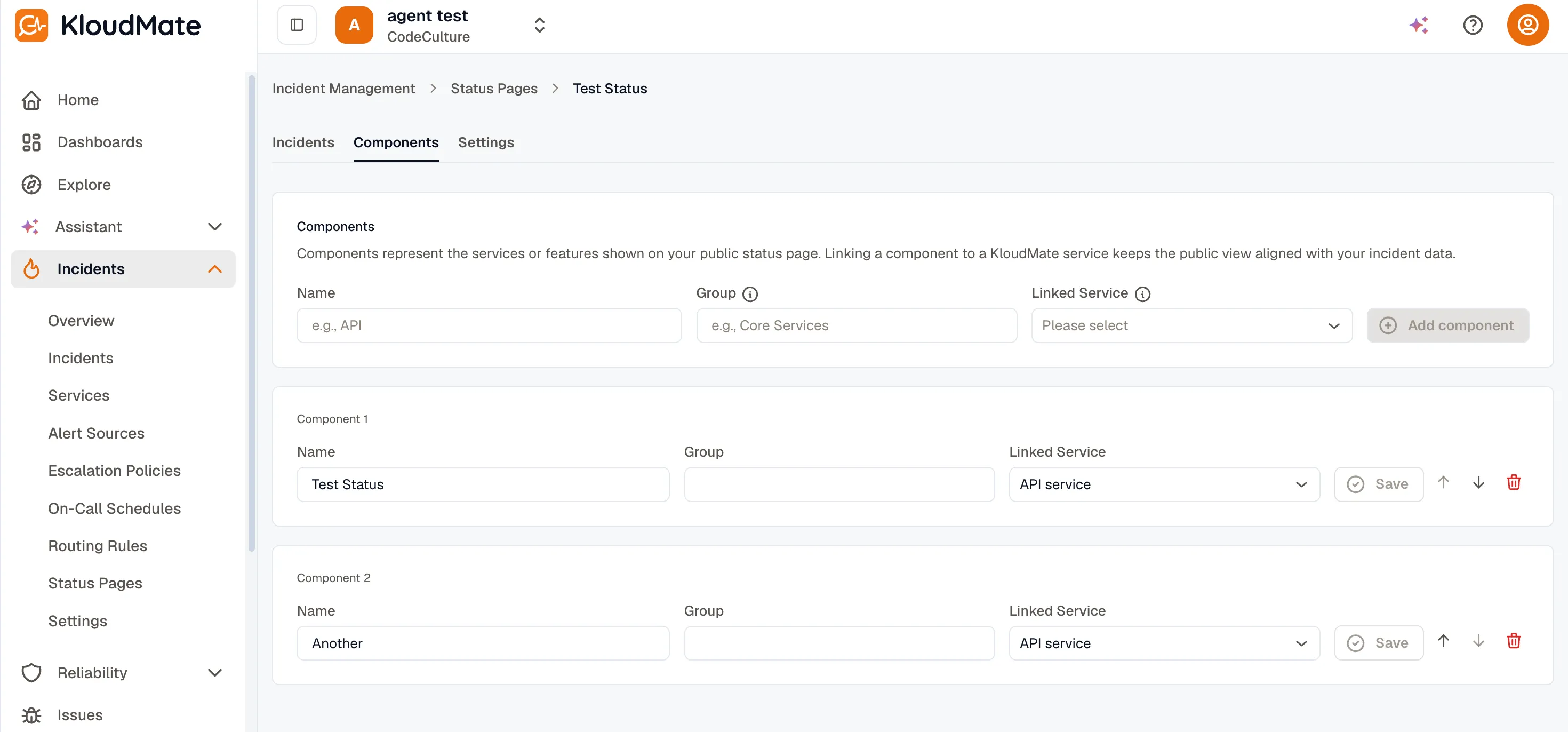 Status page editor Components tab