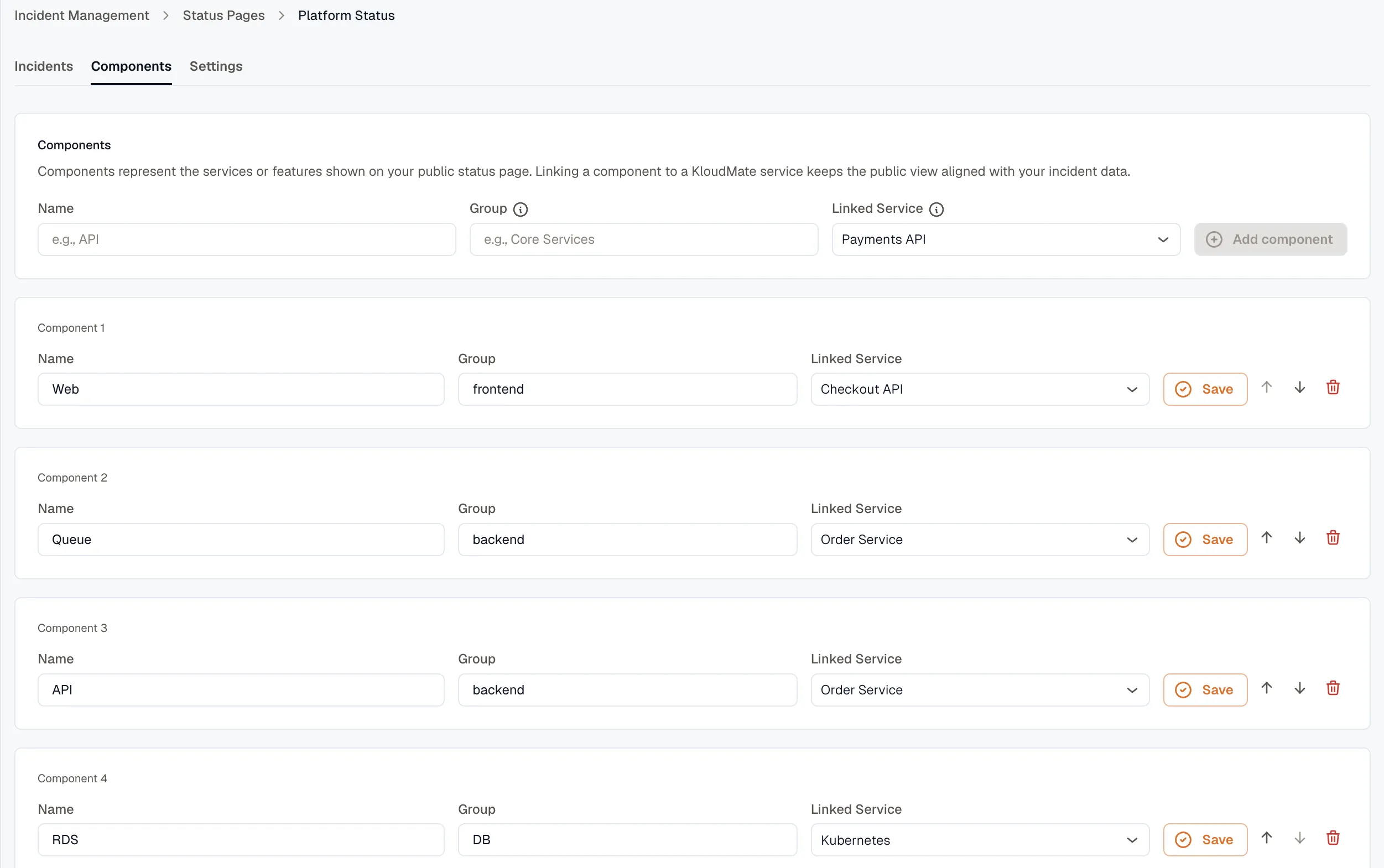 Status page editor Components tab
