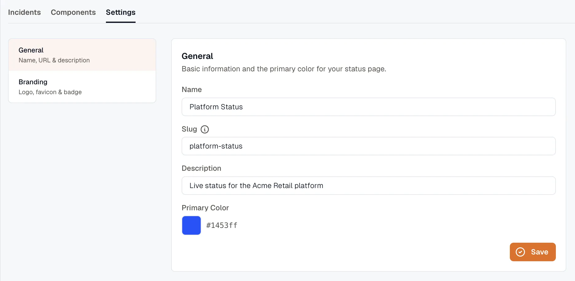 Status page General settings with the primary color