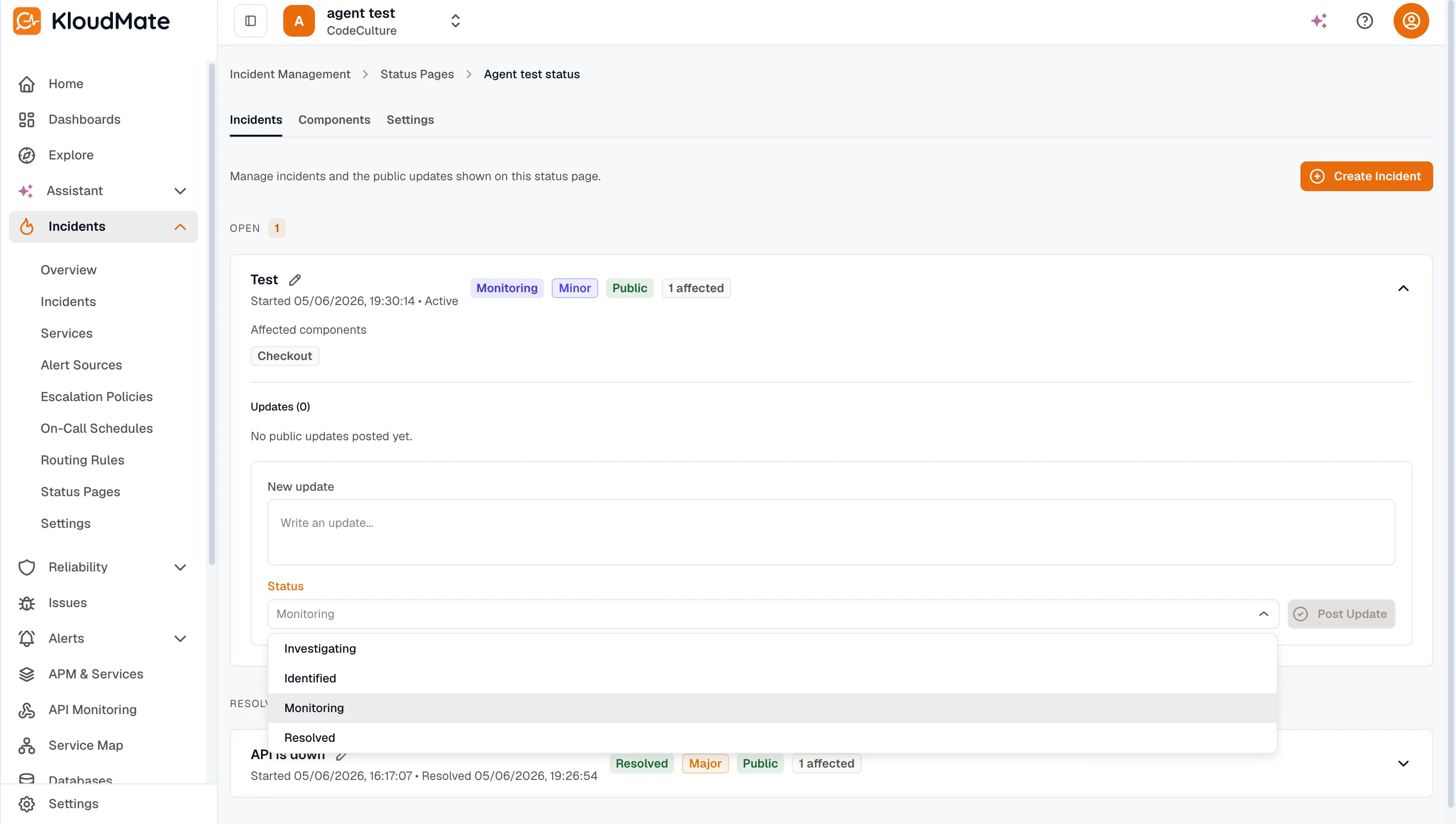Status page incident with update composer