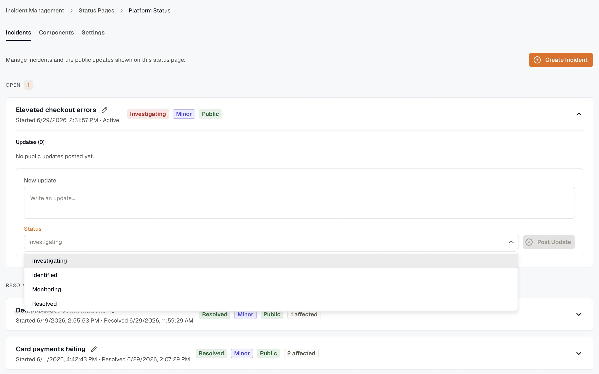 Status page incident with update composer