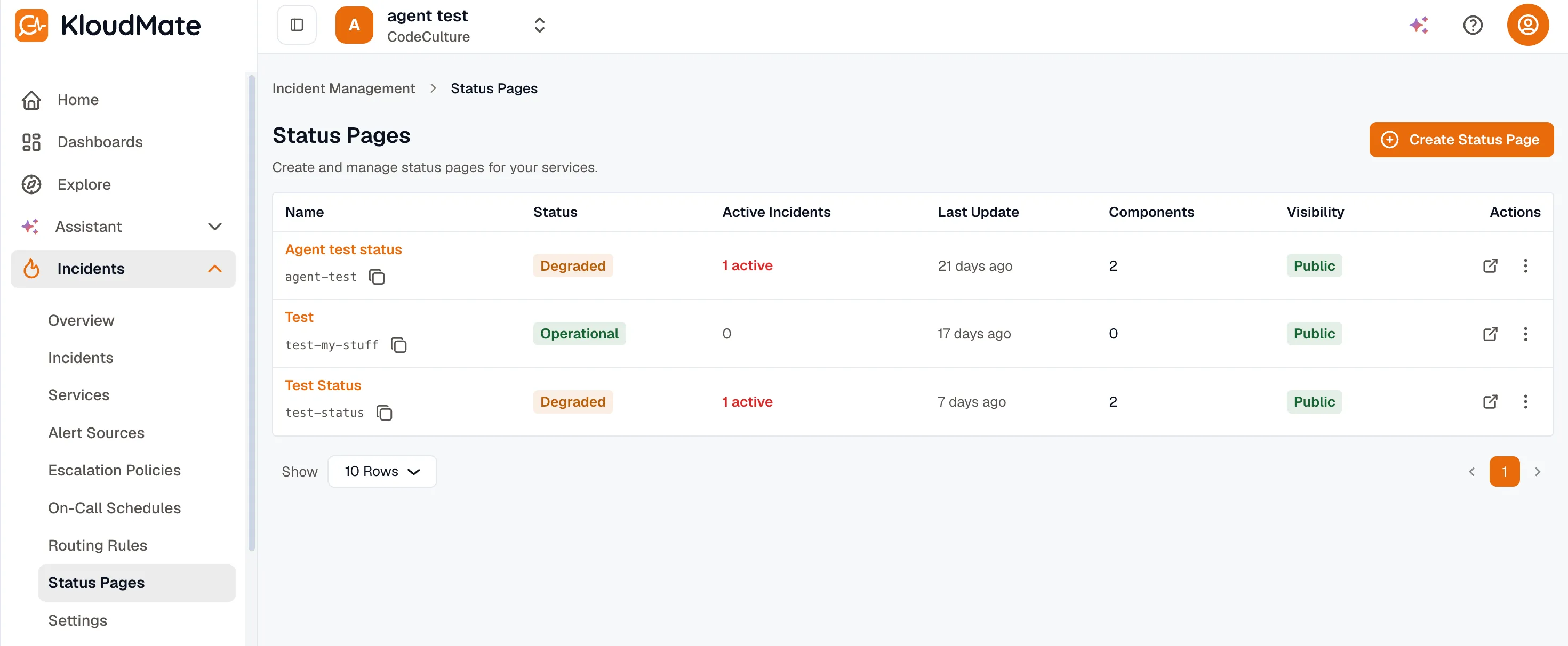 Status Pages list