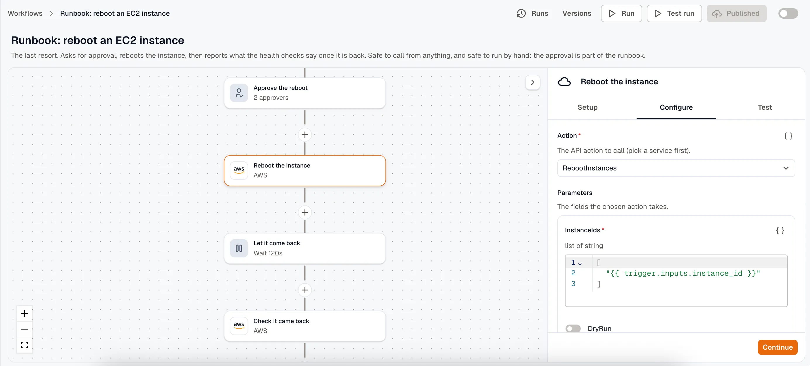 An AWS step selected in the builder, its panel showing the Setup, Configure, and Test tabs with the Action set to RebootInstances and an InstanceIds parameter templated from the trigger