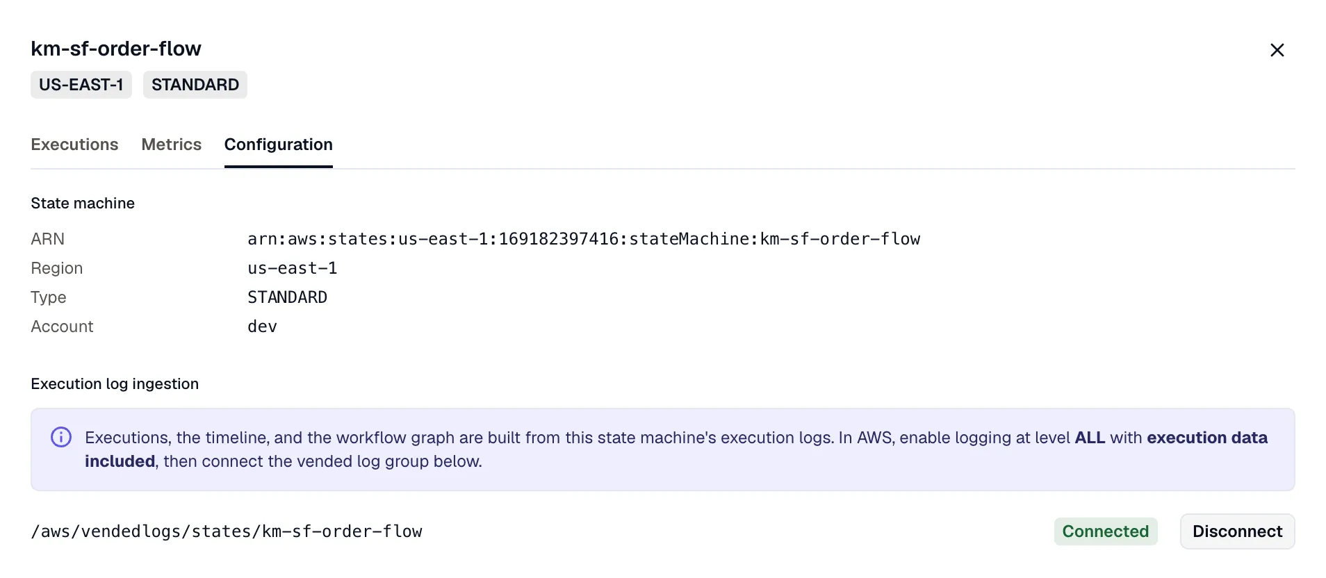 The Configuration tab: state machine details above the Execution log ingestion control, which shows a connected vended log group