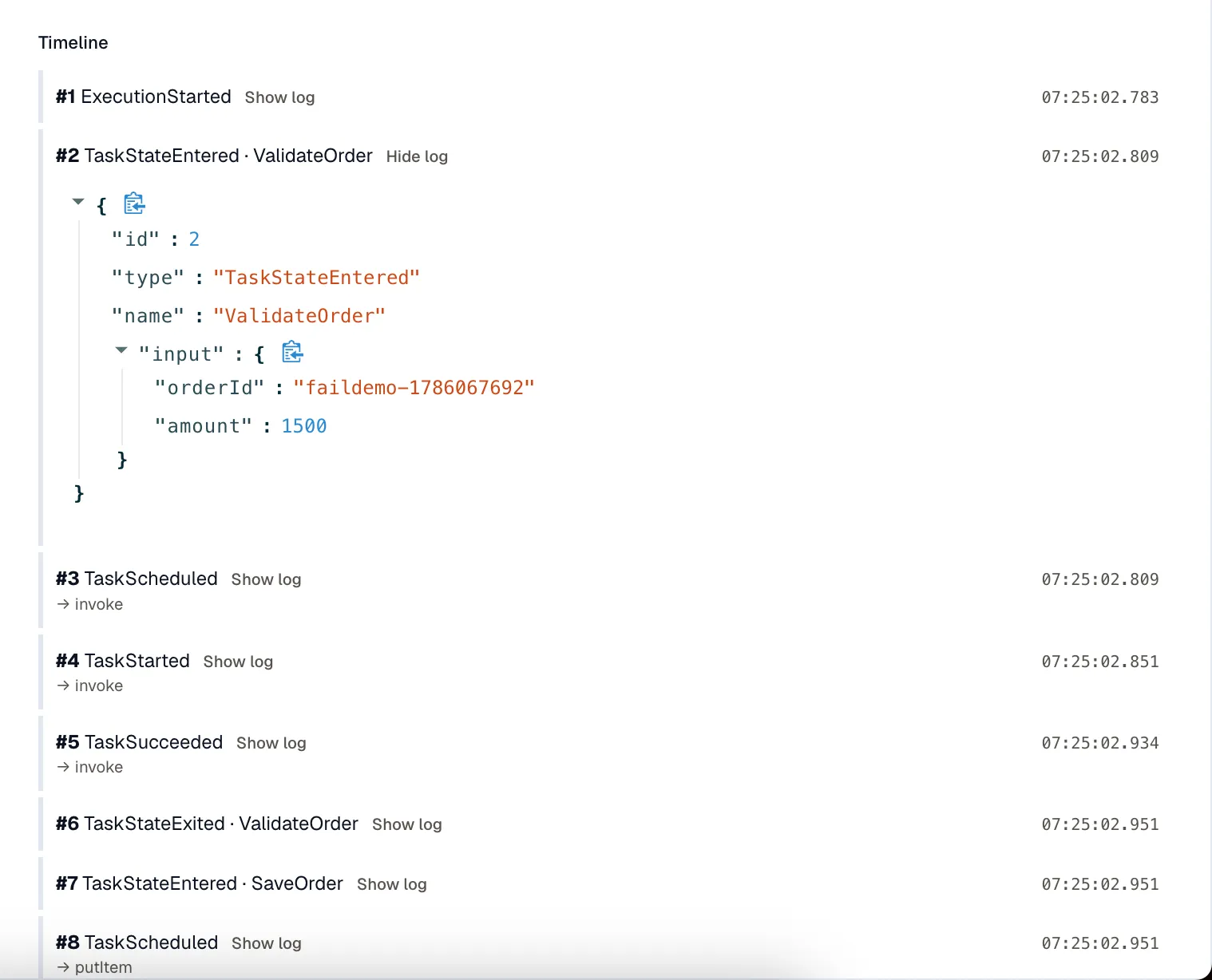 The Timeline with one event expanded through Show log, revealing the raw event JSON