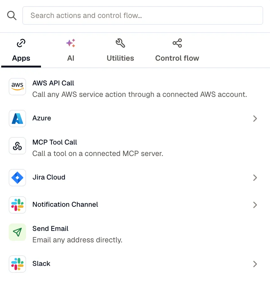 The step palette on its Apps tab, listing AWS API Call, Azure, MCP Tool Call, Jira Cloud, Notification Channel, Send Email, and Slack, with the AI, Utilities, and Control flow tabs alongside