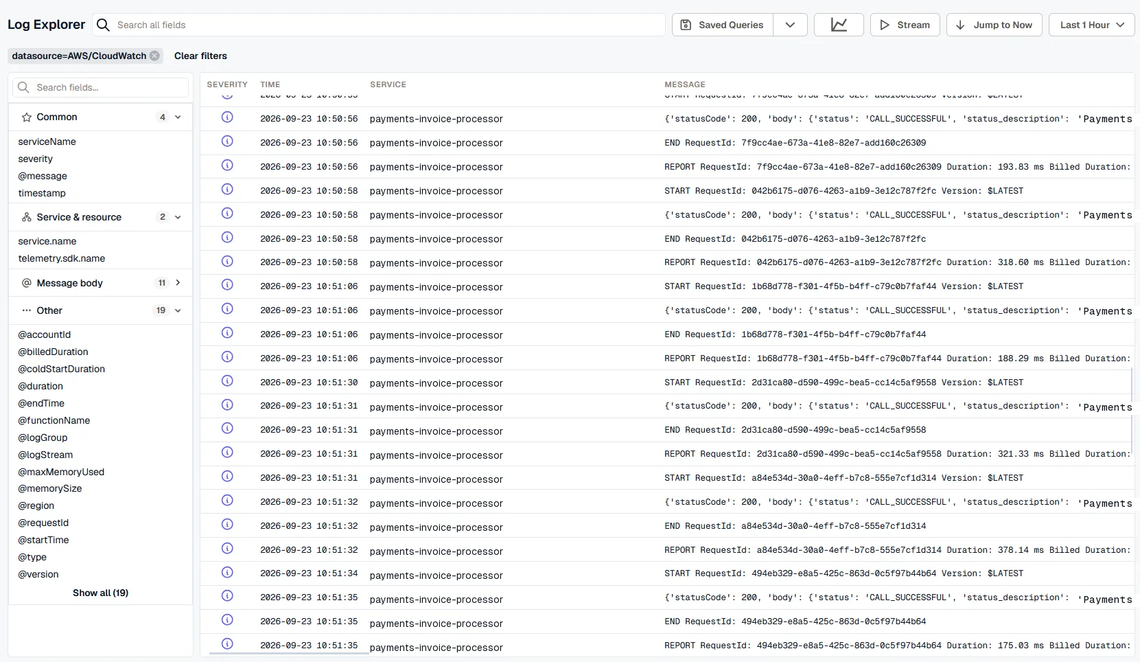 Log Explorer displaying Lambda execution logs and lifecycle messages