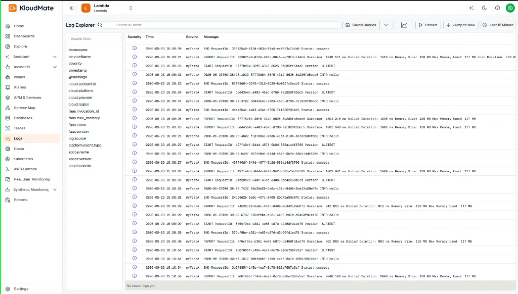 Log Explorer displaying Lambda execution logs and lifecycle messages