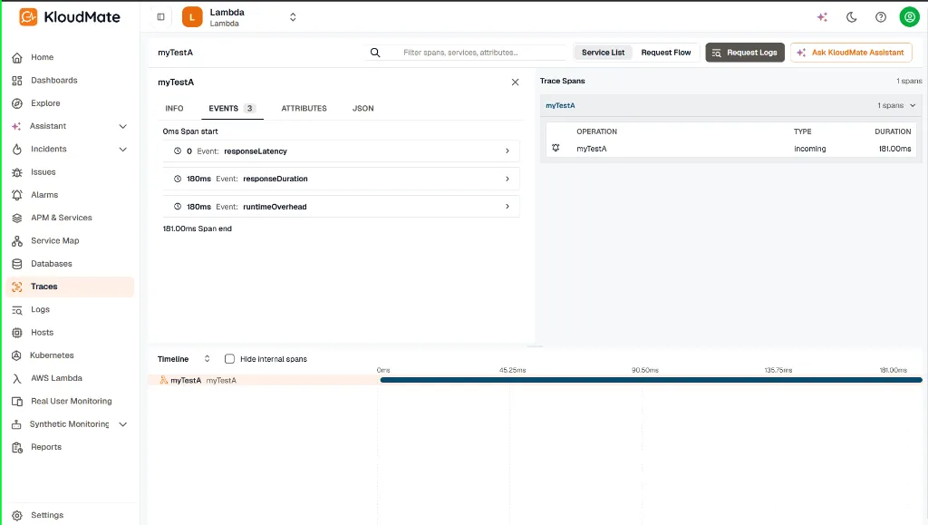 Trace details showing sub-span latency and runtime overhead timeline