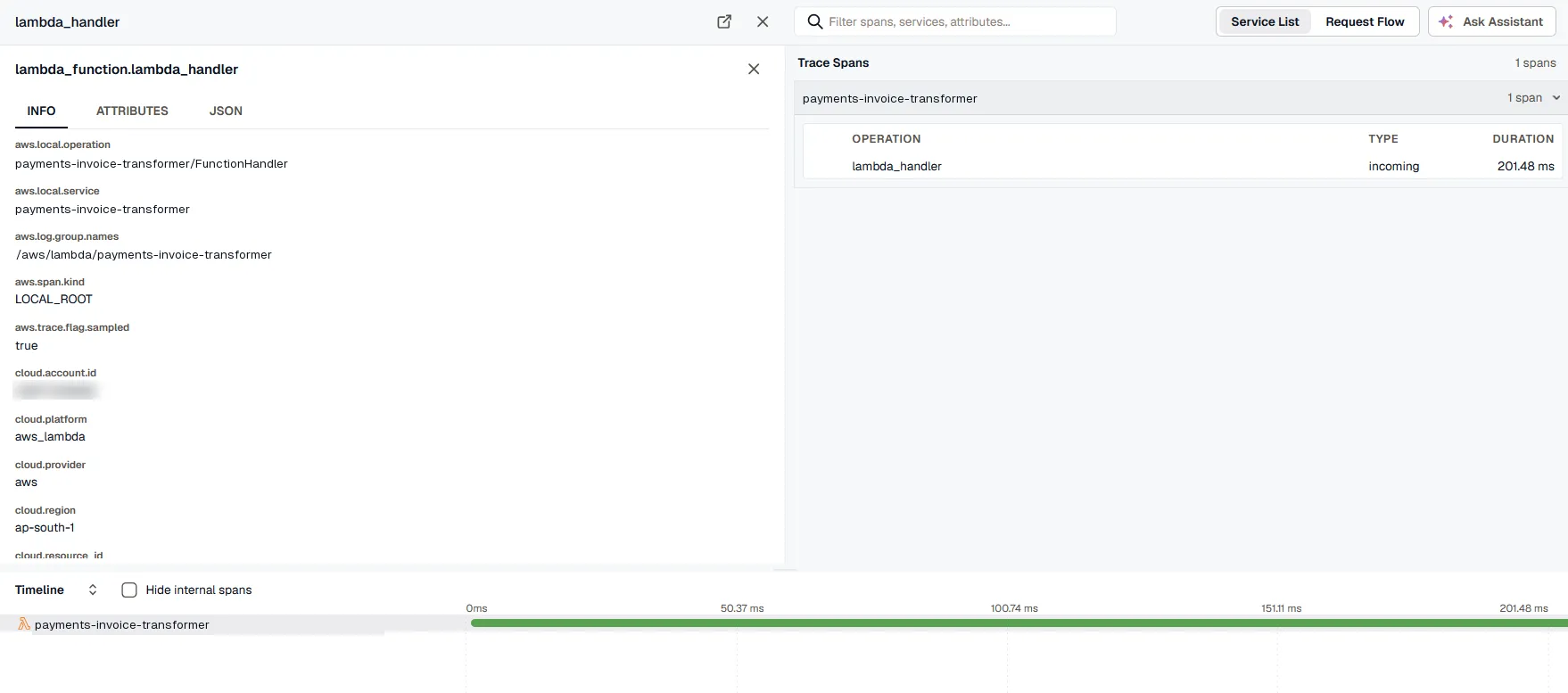 Trace details showing sub-span latency and runtime overhead timeline