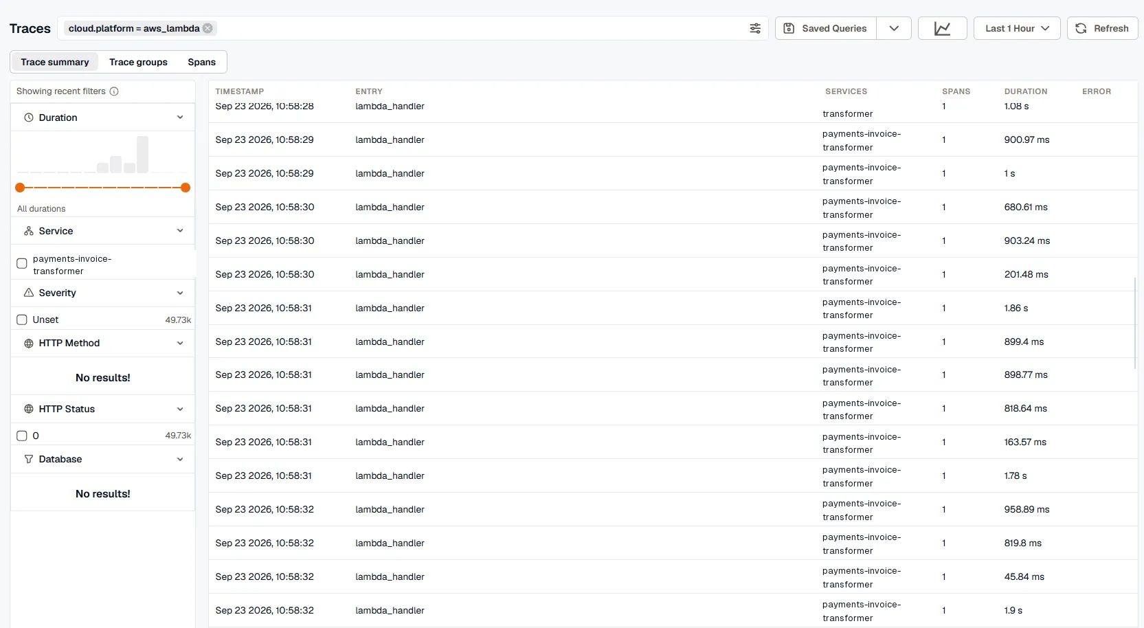 Traces list showing recent execution spans and durations