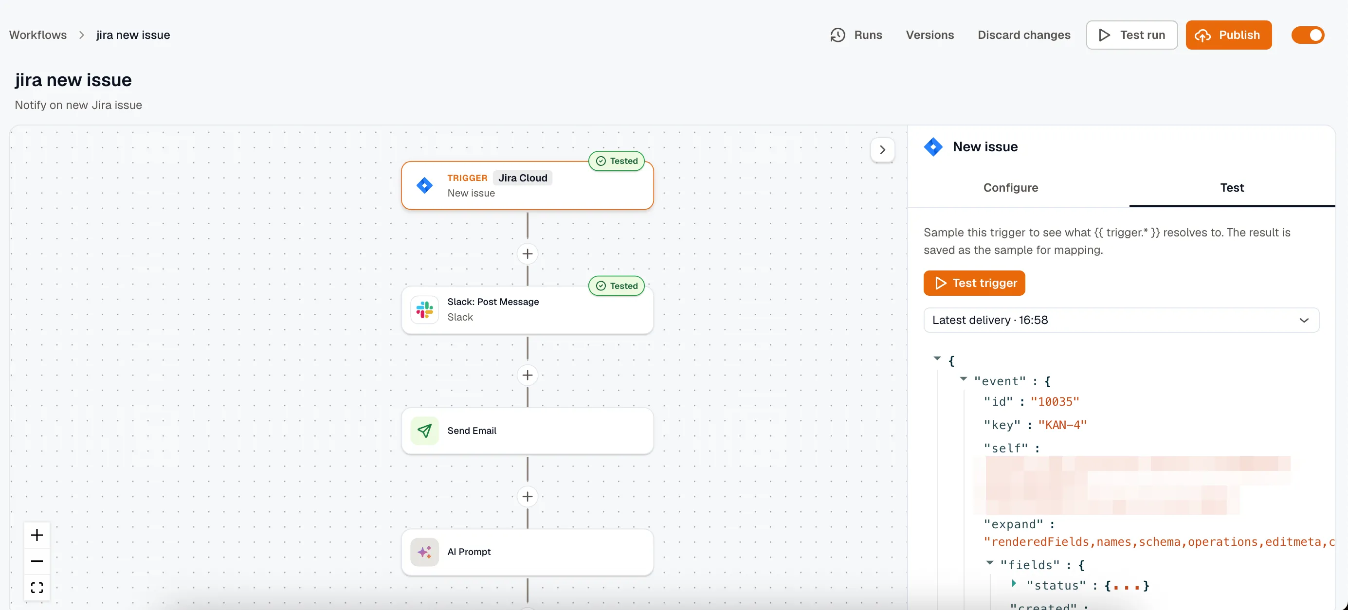 The Test tab on a Jira Cloud trigger, showing the Test trigger button, a selector for which captured delivery to use, and the sampled event payload