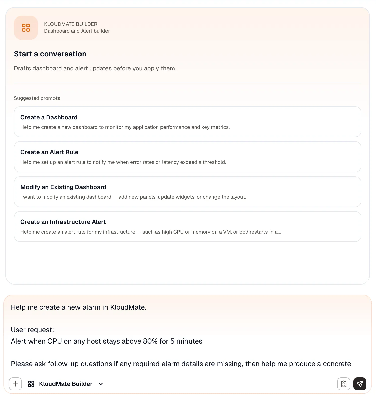 Builder with a drafted alert description