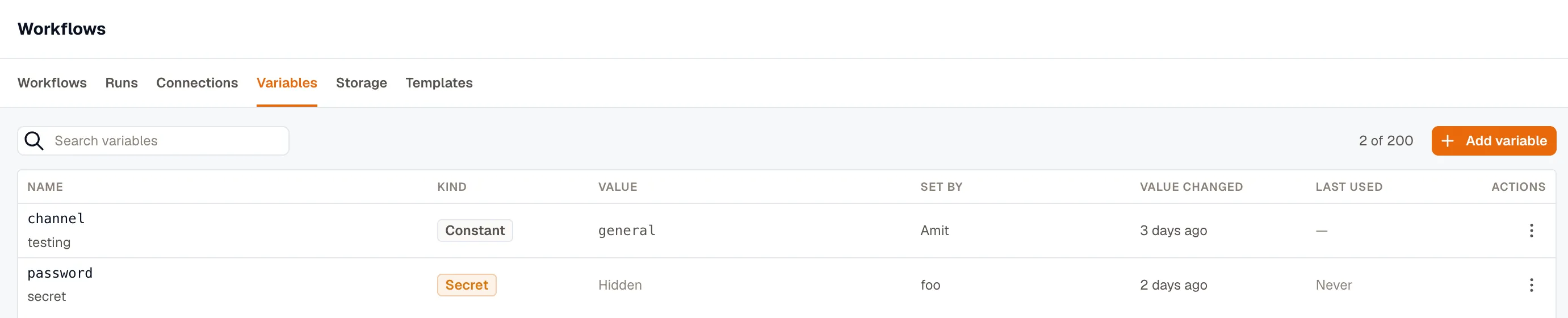 The Variables tab with a Constant row showing its value and a Secret row showing Hidden, alongside who set each one and when the value last changed