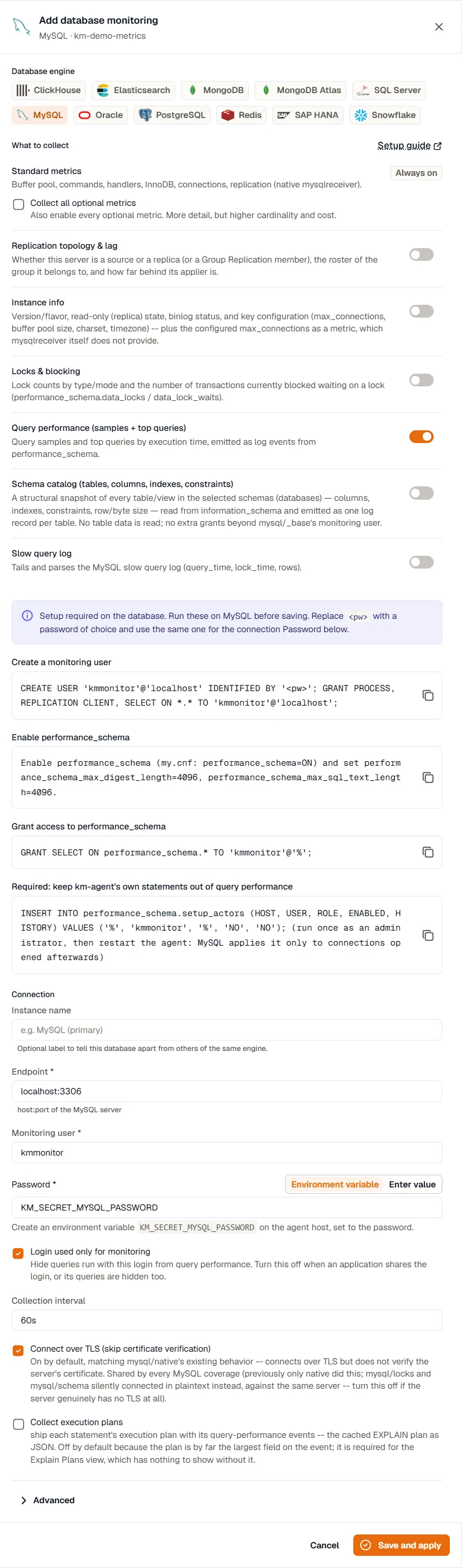 The "Add database monitoring" wizard for MySQL, with Query performance turned on, the setup steps it needs, and the connection fields with the credential mode selector (environment variable or entered value).