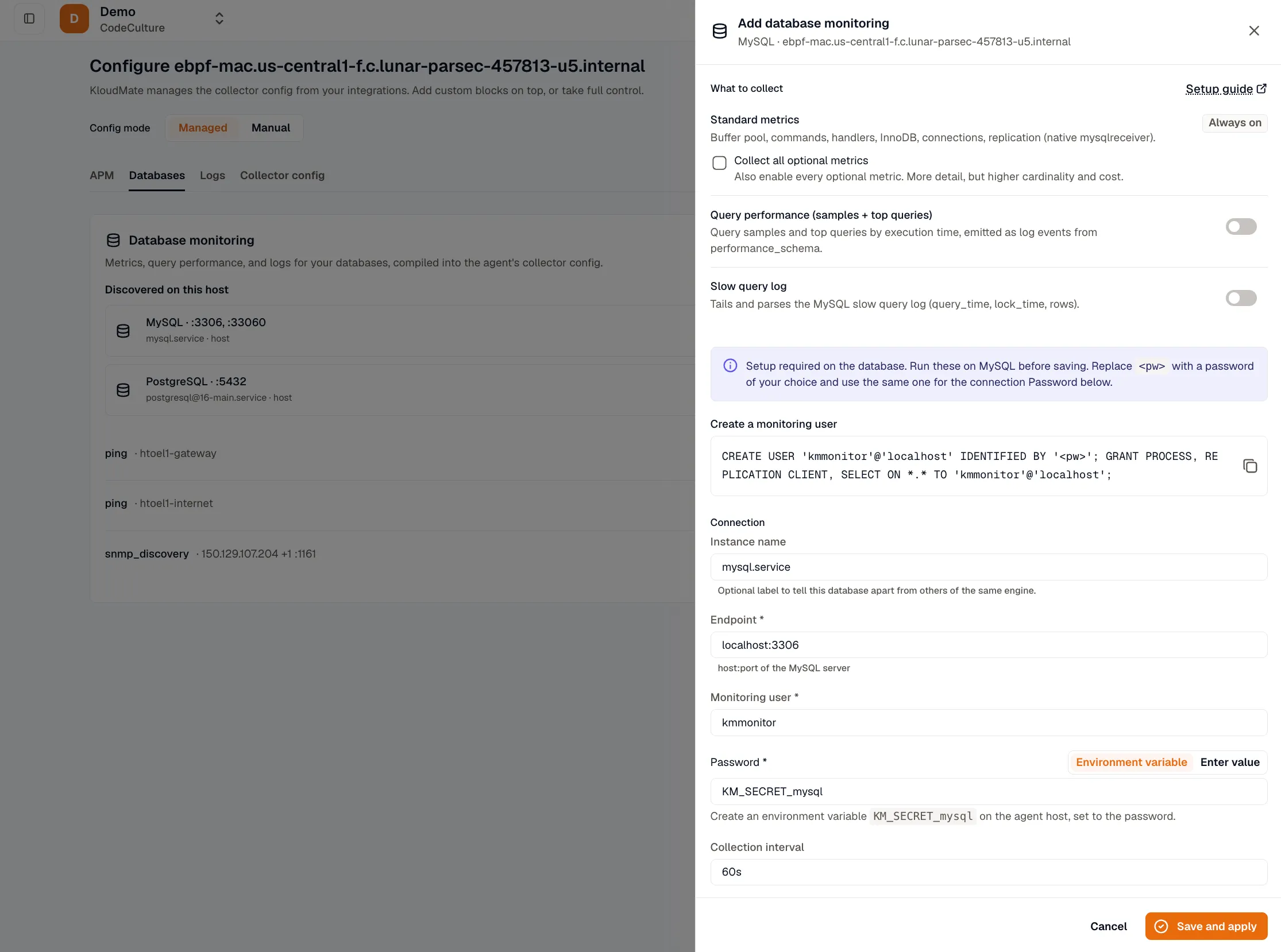 The "Add database monitoring" wizard for a discovered MySQL instance, showing coverage toggles (query performance, slow query log) and the credential mode selector (environment variable or entered value).