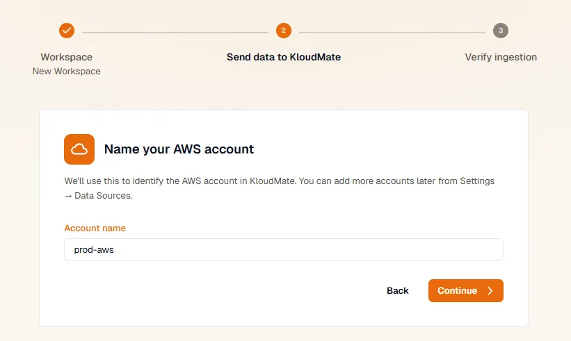 Add a workspace wizard, step 2: naming the AWS account for AWS Integration