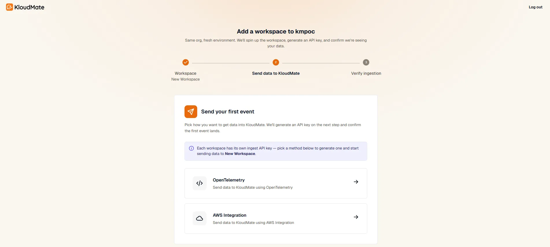 Add a workspace wizard, step 2: choosing OpenTelemetry Agent or AWS Integration