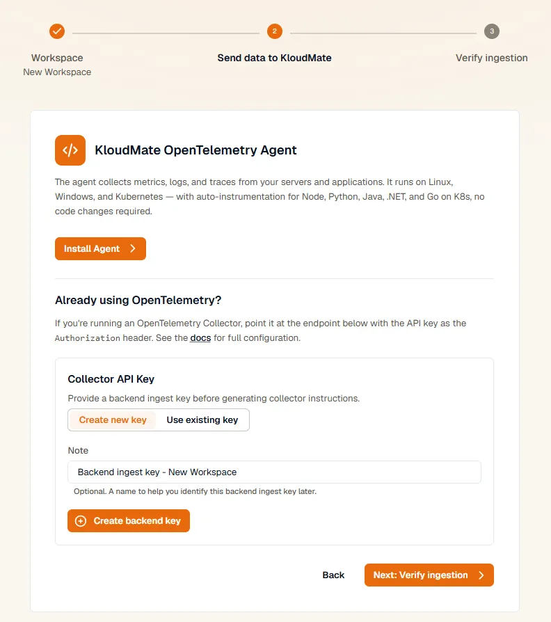 Add a workspace wizard, step 2: OpenTelemetry Agent install and Collector API key