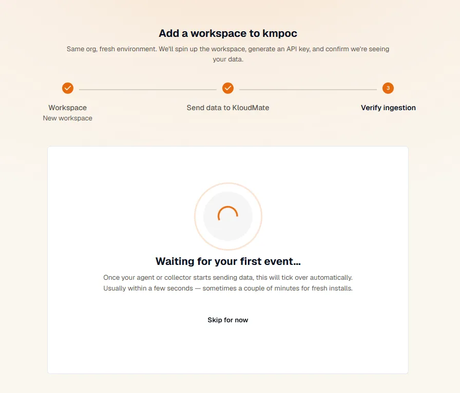 Add a workspace wizard, step 3: waiting for the first event to confirm ingestion